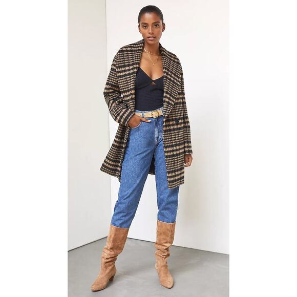 Avec Les Filles Women's Brushed Shawl Collar Houndstooth Plaid Jacket Black Tan - Picture 1 of 16